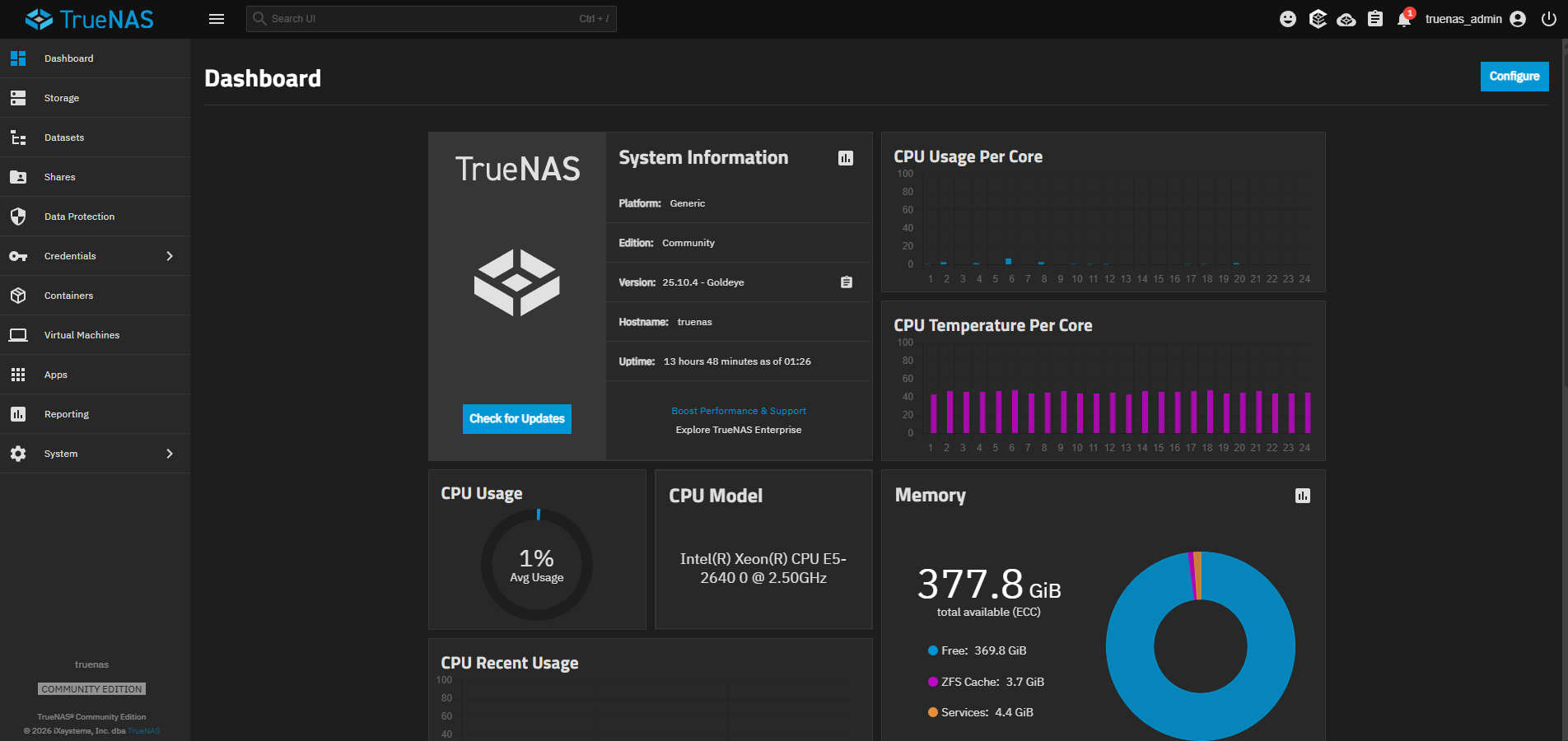 TrueNAS Scale 25.10.4 dashboard — E5-2640, 377.8 GiB RAM, ZFS cache already building