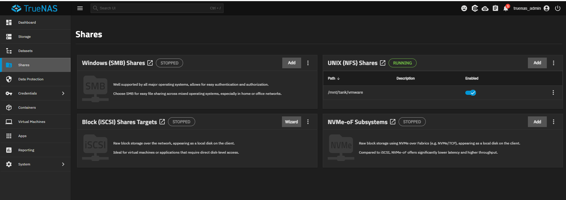 NFS Shares — RUNNING, /mnt/tank/vmware enabled, single share only