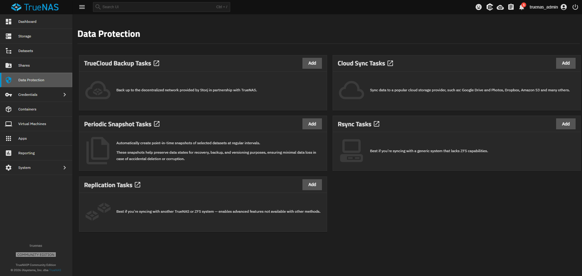 Data Protection — snapshot tasks, replication, and backup options