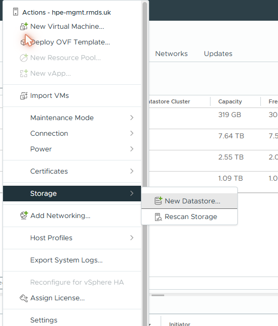 vCenter — Actions > Storage > New Datastore on hpe-mgmt.rmds.uk” class=”wp-image-1050″/><figcaption class=