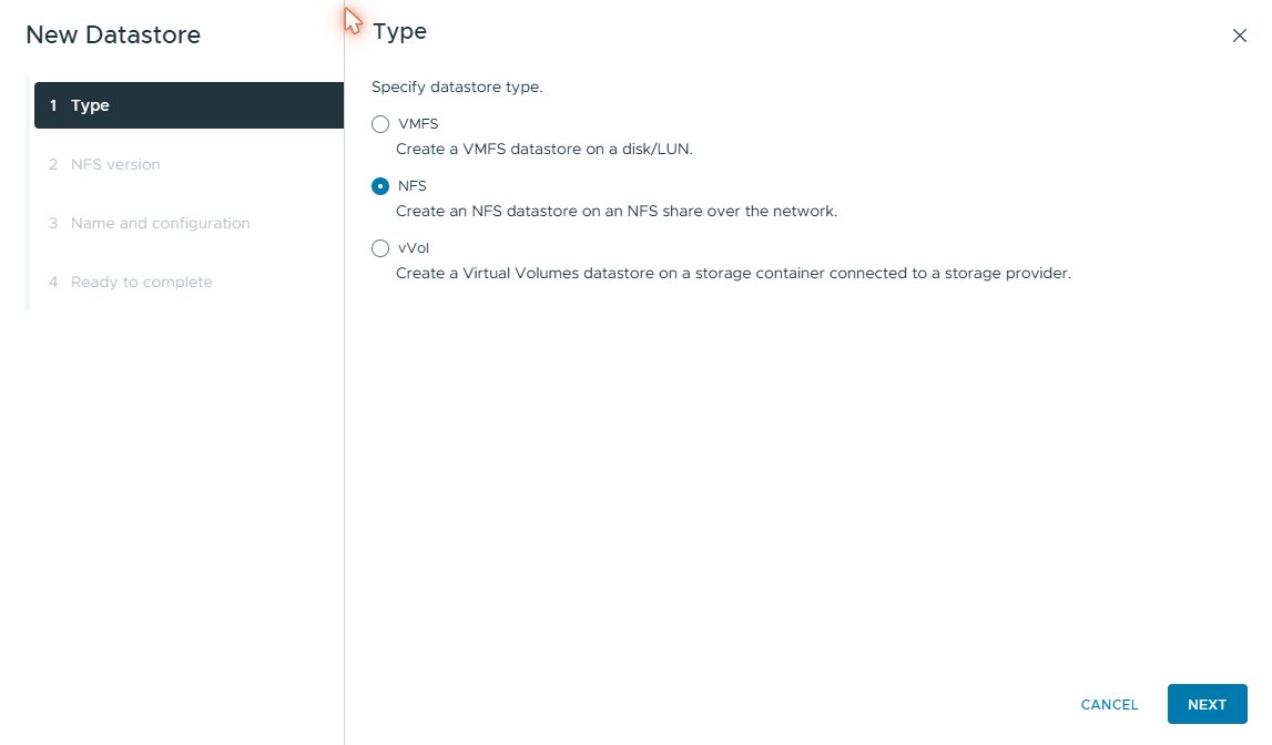 New Datastore wizard — NFS selected as the datastore type