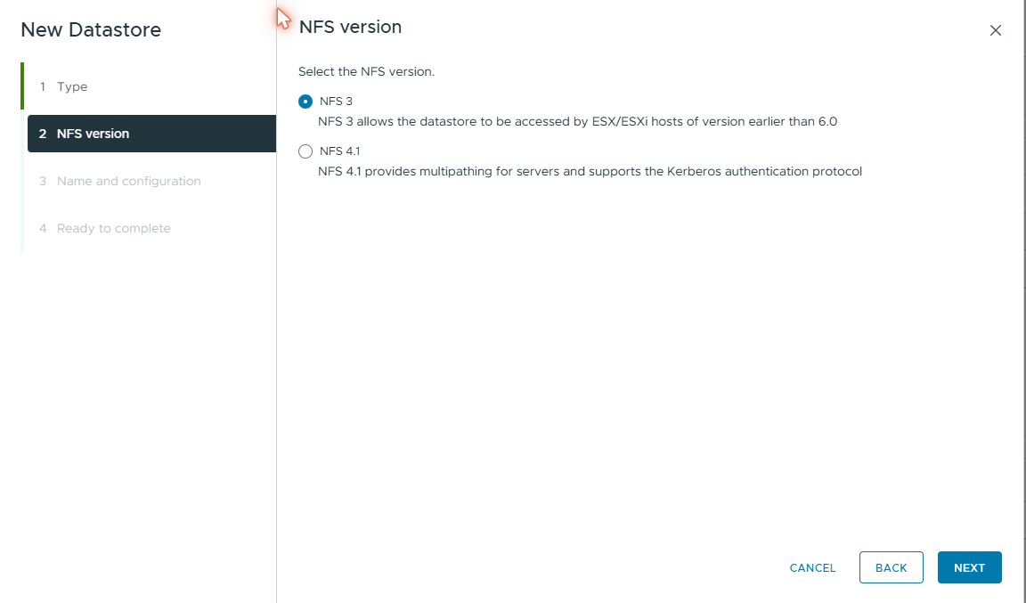 NFS version selection — NFS 3 default shown