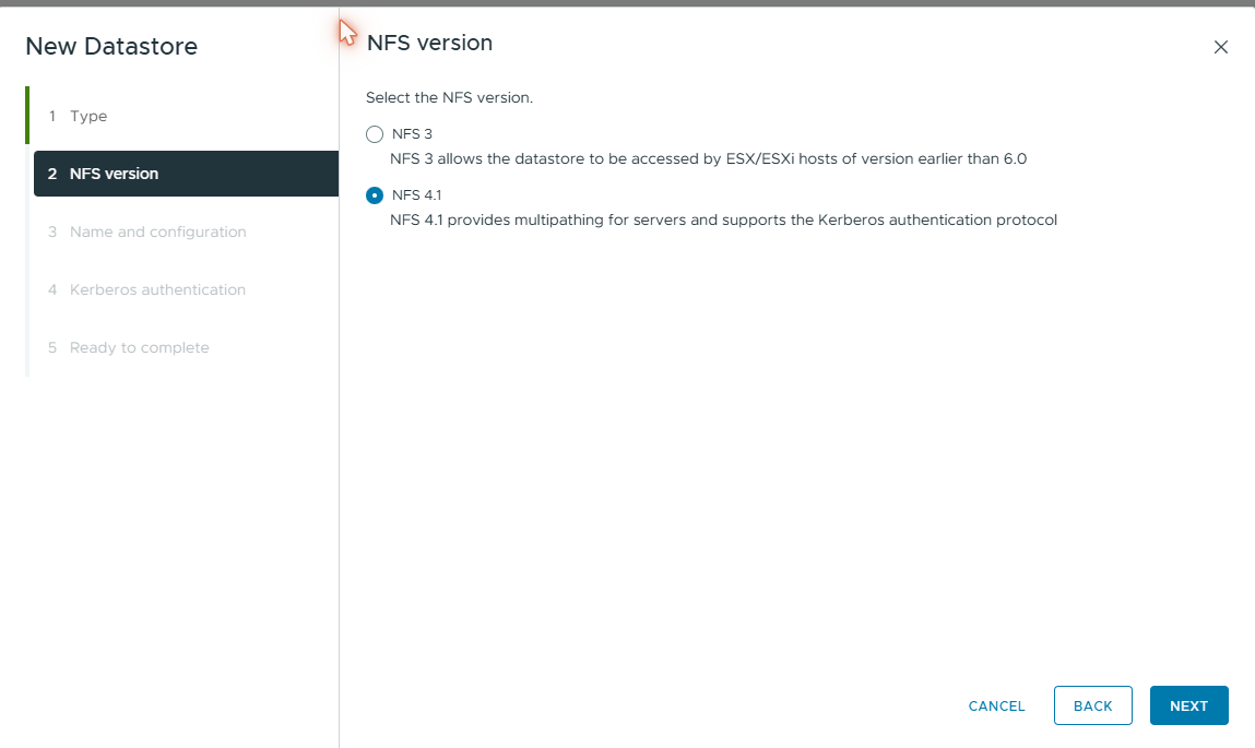 NFS 4.1 selected — multipathing support and better performance over NFS 3