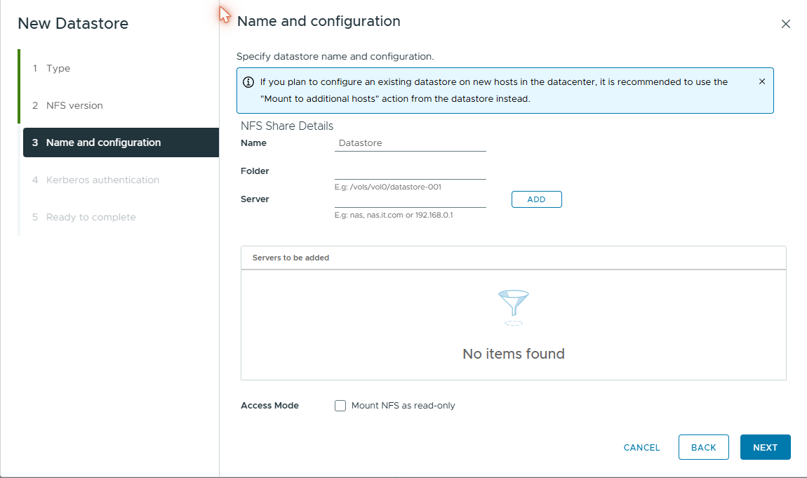 Name and configuration — datastore name, folder path, and server fields
