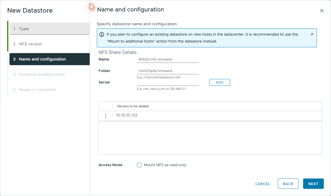Name and configuration filled — server 10.10.10.132 added, folder /mnt/tank/vmware