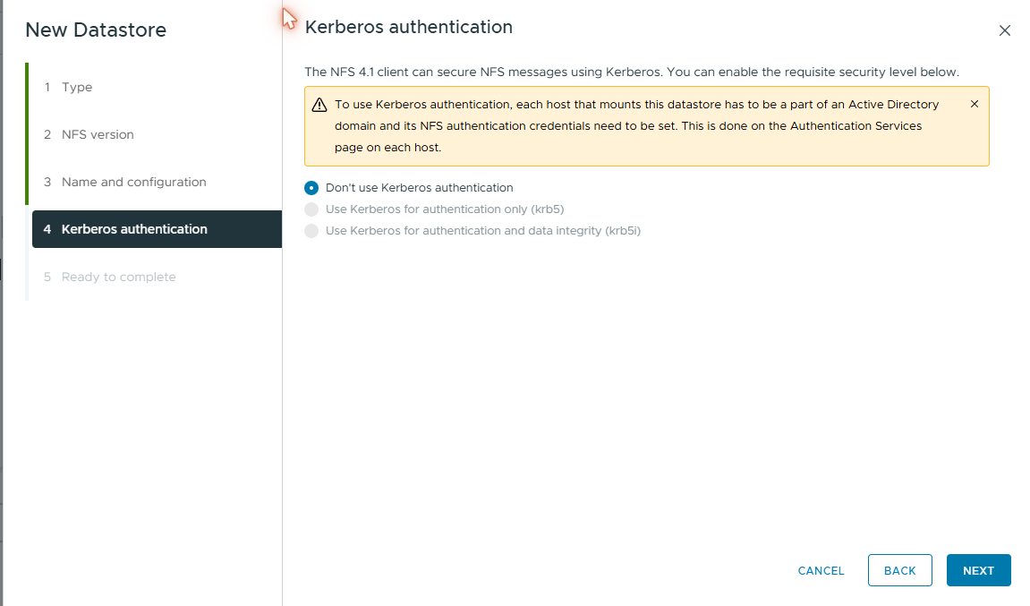 Kerberos authentication — disabled, no AD integration needed for lab NFS