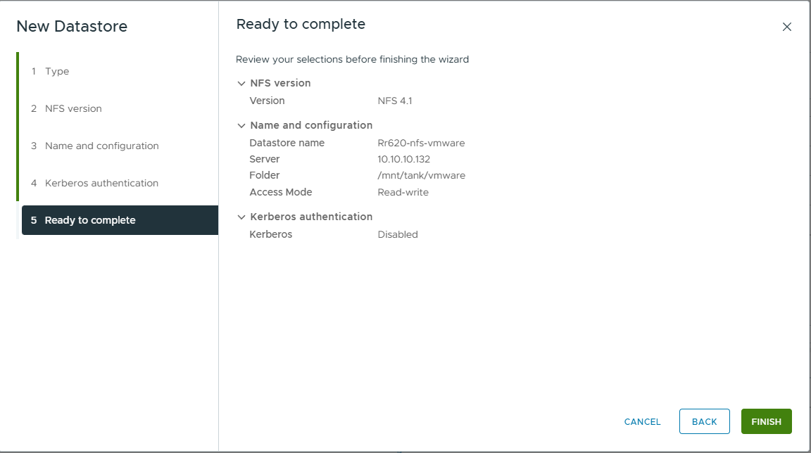 Ready to complete — NFS 4.1, server 10.10.10.132, folder /mnt/tank/vmware, read-write