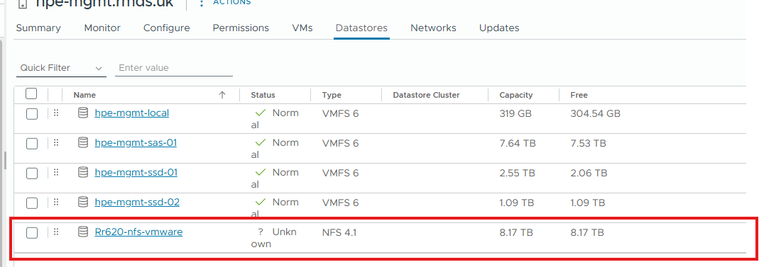 hpe-mgmt.rmds.uk Datastores — Rr620-nfs-vmware mounted, NFS 4.1, 8.17 TB