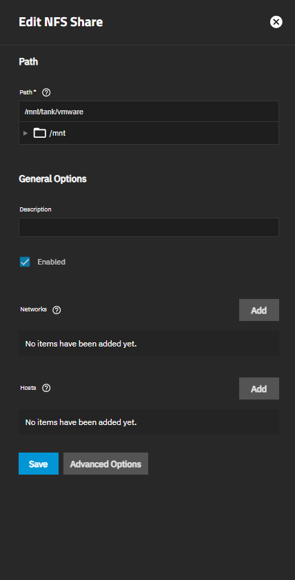 Edit NFS Share — path /mnt/tank/vmware, basic options