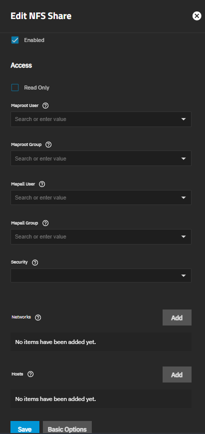 Advanced Options — Maproot User and Maproot Group fields visible