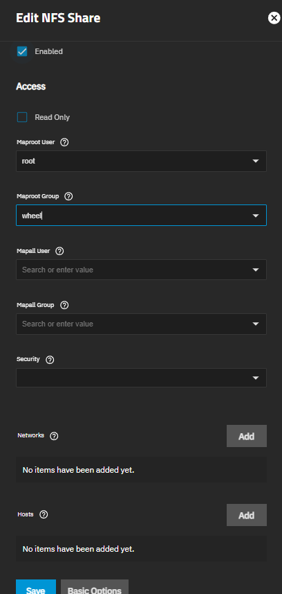 Maproot User set to root, Maproot Group set to wheel — ESXi write access enabled
