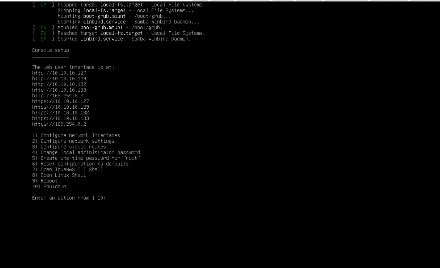 TrueNAS console — web UI addresses shown after first boot
