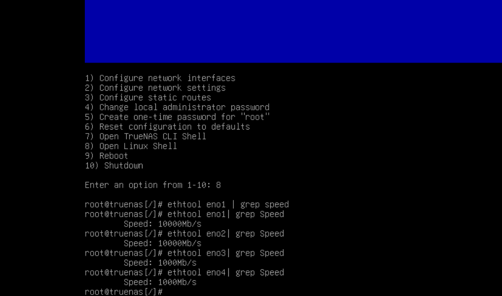 ethtool confirms eno1/eno2 are X520 10GbE, eno3/eno4 are I350 1GbE