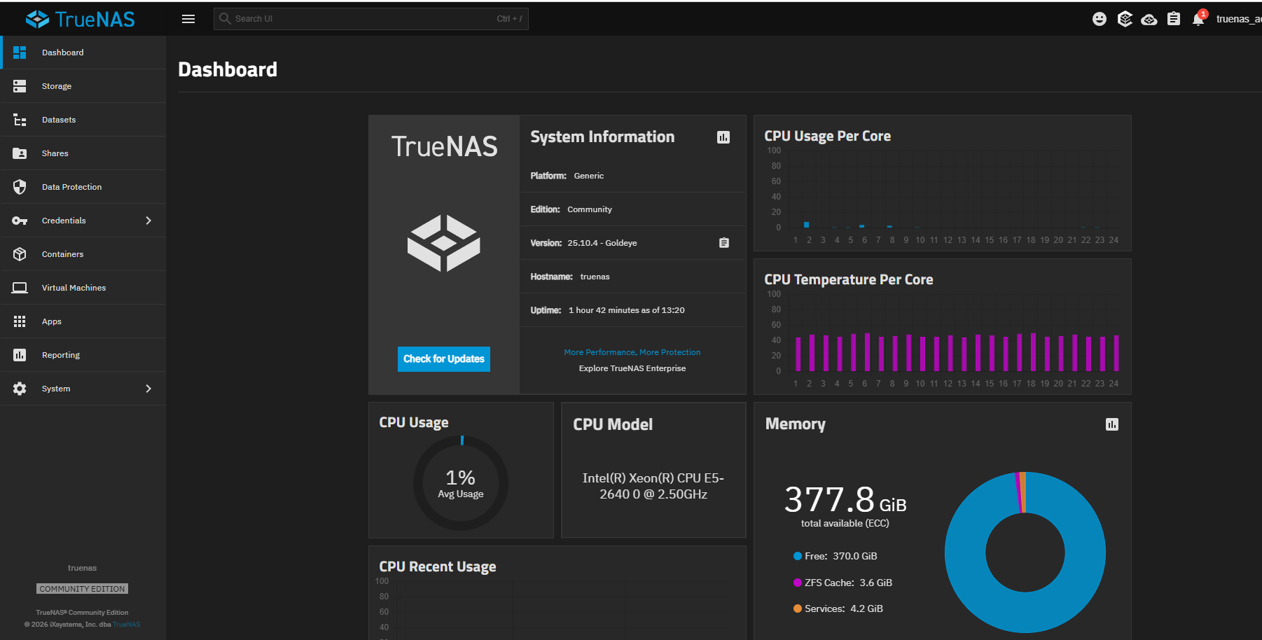 TrueNAS Scale 25.10.4 Goldeye — 377.8 GiB RAM, ZFS ARC already building