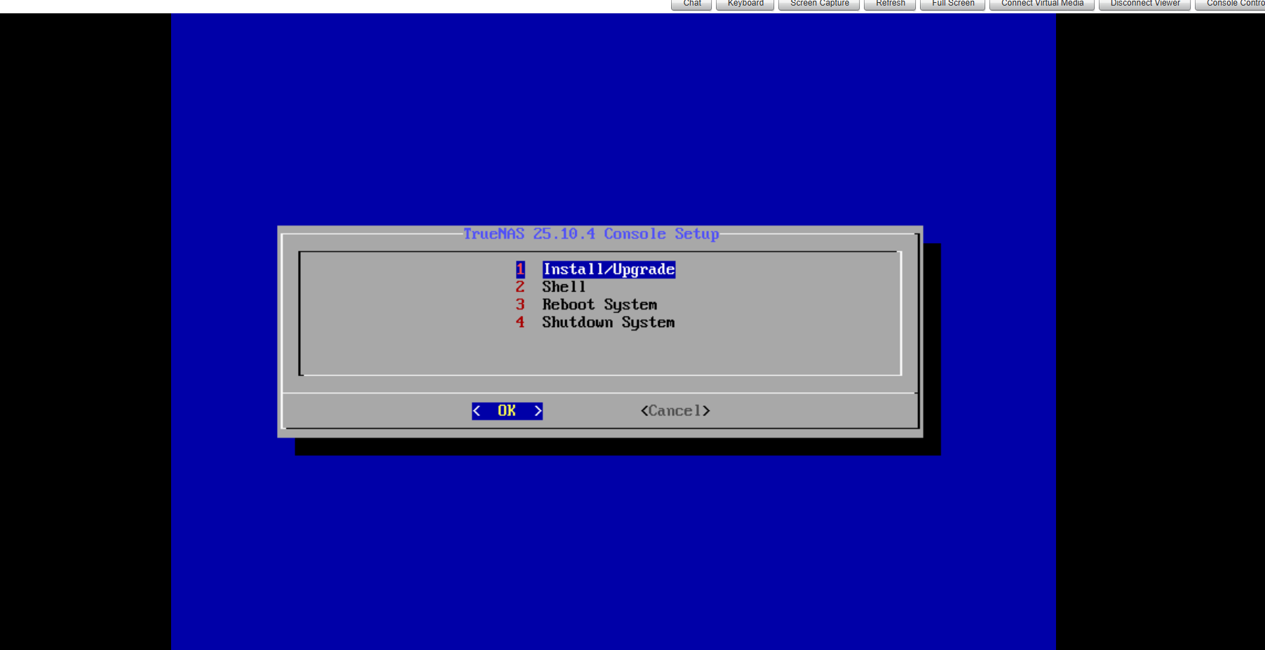 TrueNAS 25.10.4 Console Setup — select Install/Upgrade