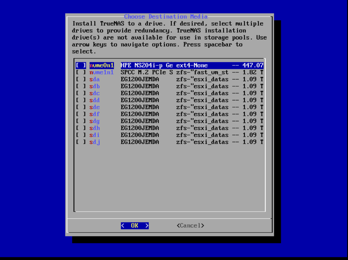Drive list — nvme0n1 is the BOSS card, sda-sdj are the SAS data drives