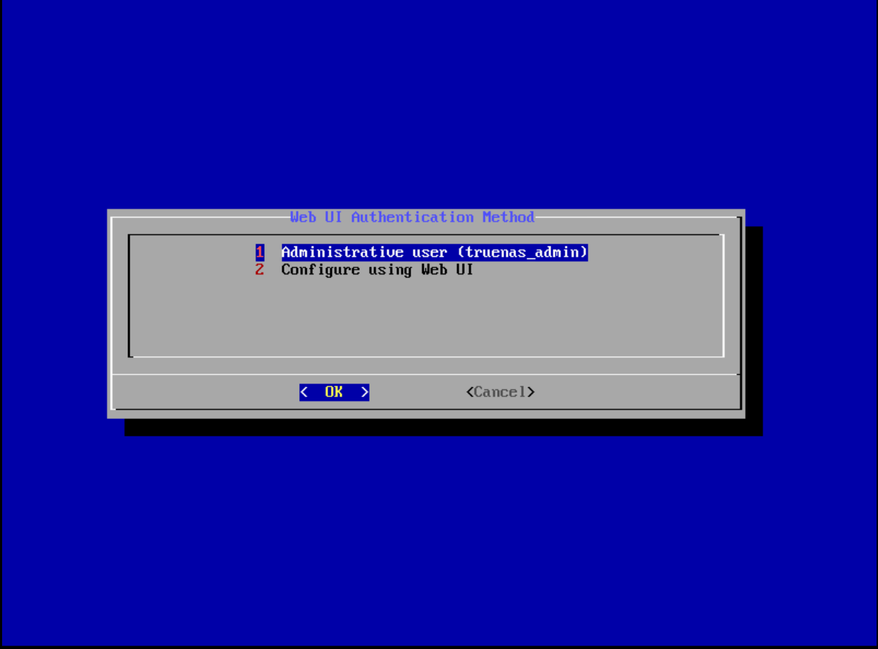 Select option 1 — Administrative user truenas_admin