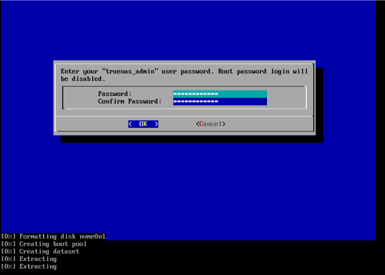Formatting disk, creating boot pool, extracting — about 8 minutes over Virtual Media