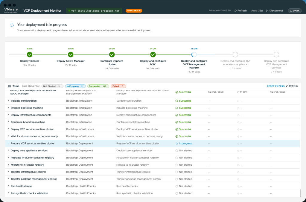 VCF Inspector deployment timeline tasks