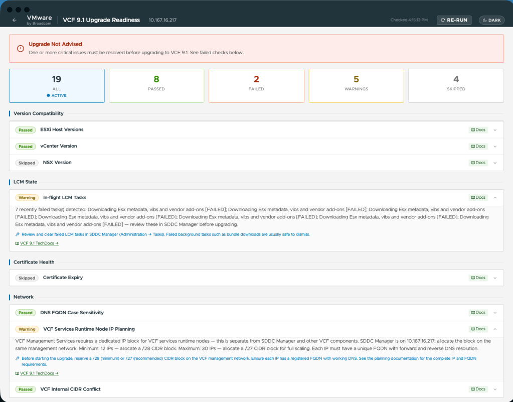 VCF Inspector pre-upgrade readiness check results