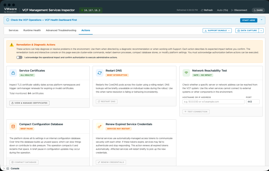 VCF Inspector remediation actions and read-only console