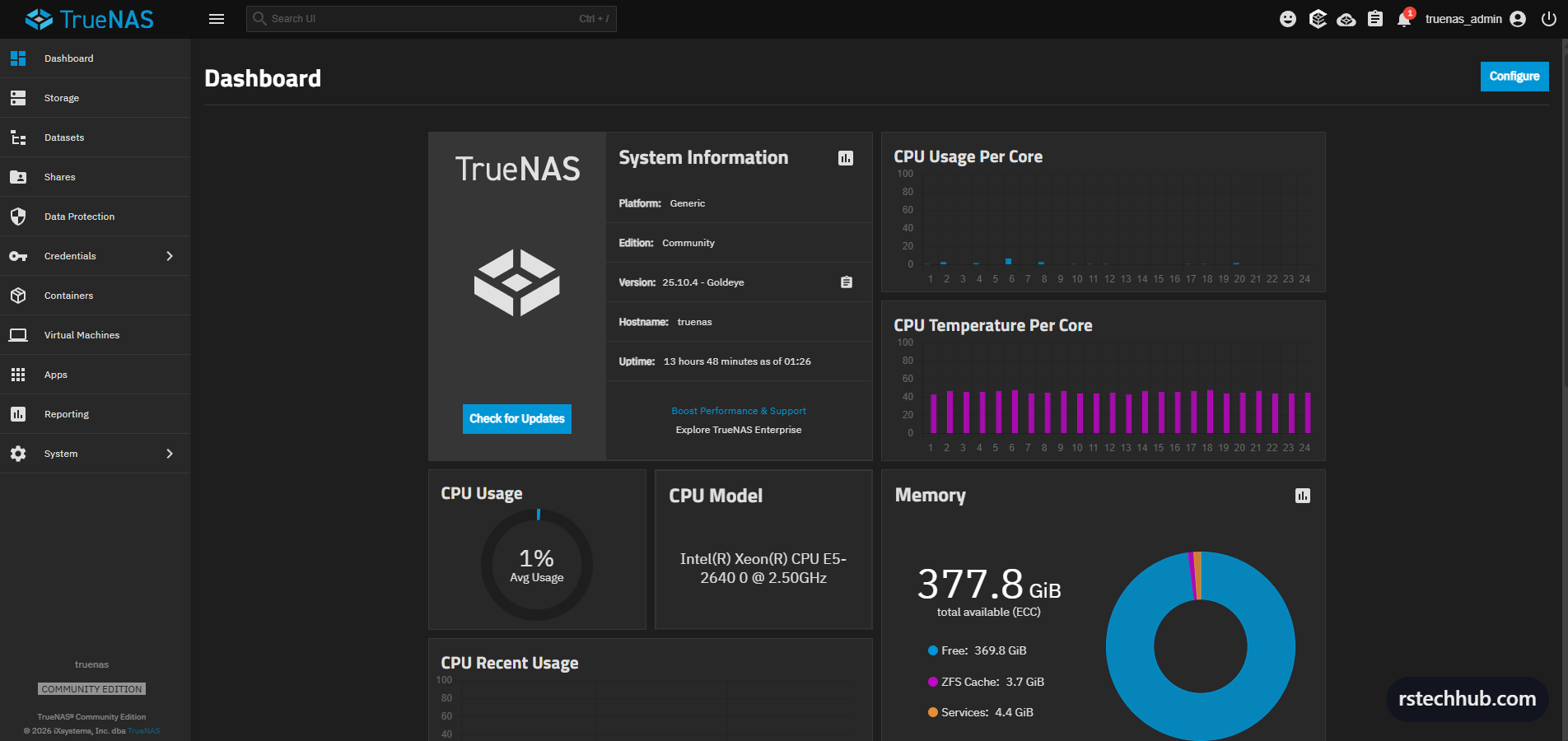 TrueNAS Scale 25.10.4 dashboard — E5-2640, 377.8 GiB RAM, ZFS cache already building