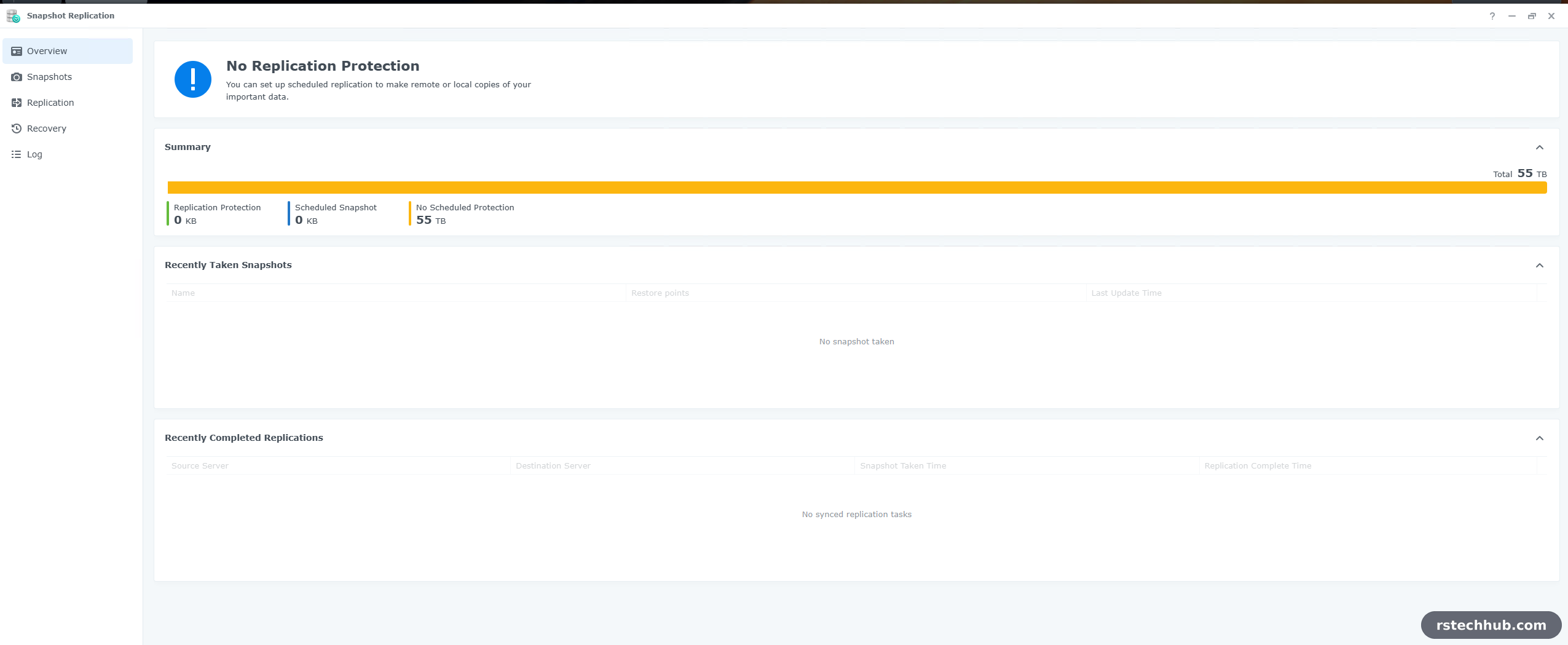 Synology Snapshot Replication overview: no protection configured