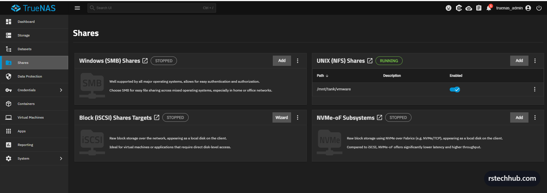 NFS Shares — RUNNING, /mnt/tank/vmware enabled, single share only