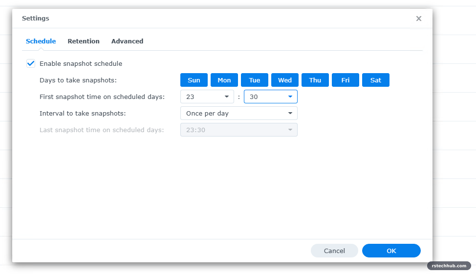 Snapshot schedule: every day at 23:30, once per day