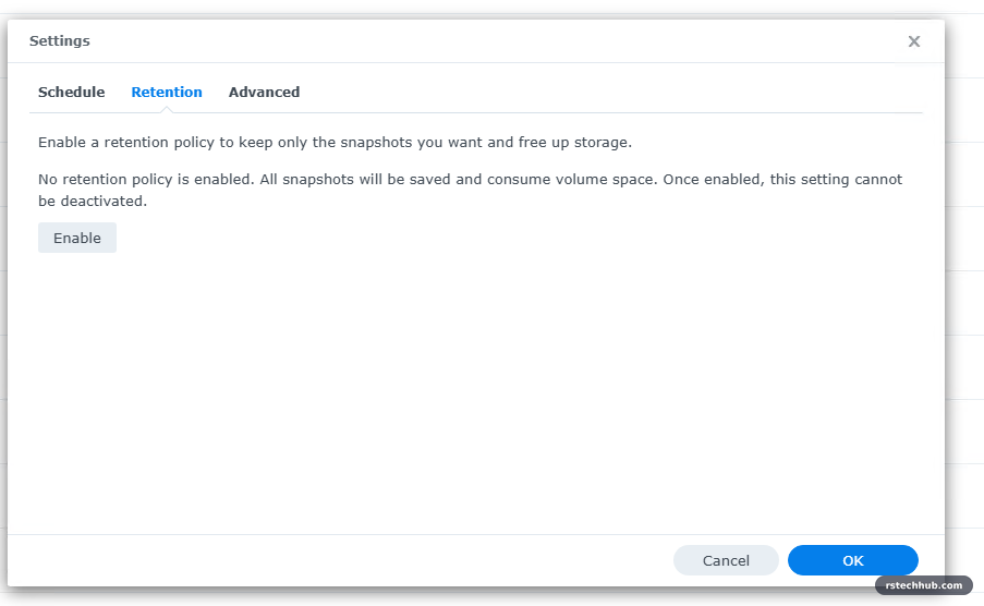 Snapshot retention policy not enabled