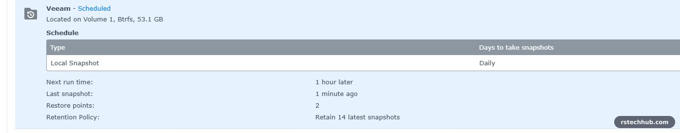 Veeam share scheduled, retain 14 latest snapshots