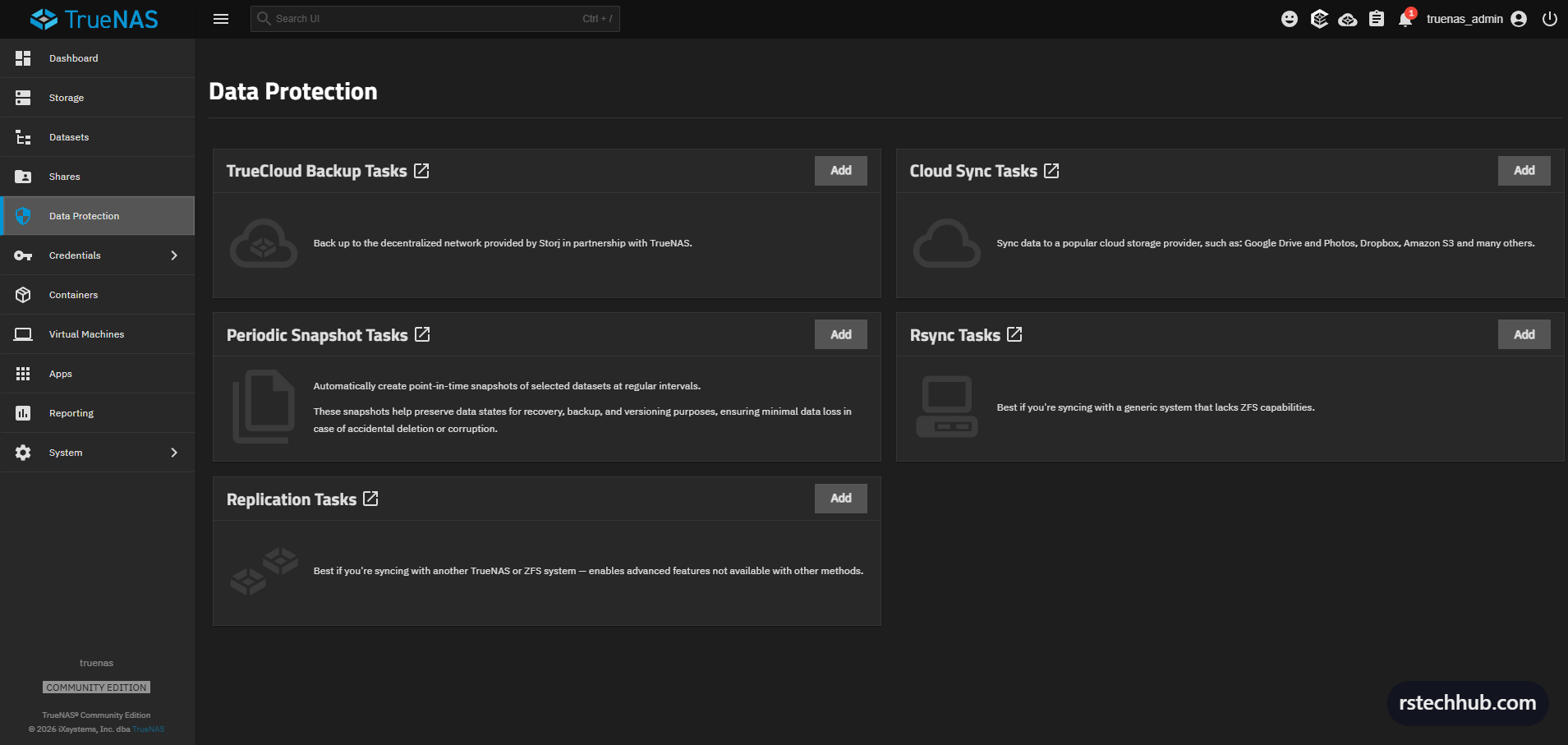 Data Protection — snapshot tasks, replication, and backup options