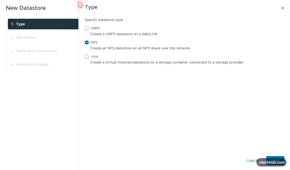 New Datastore wizard — NFS selected as the datastore type
