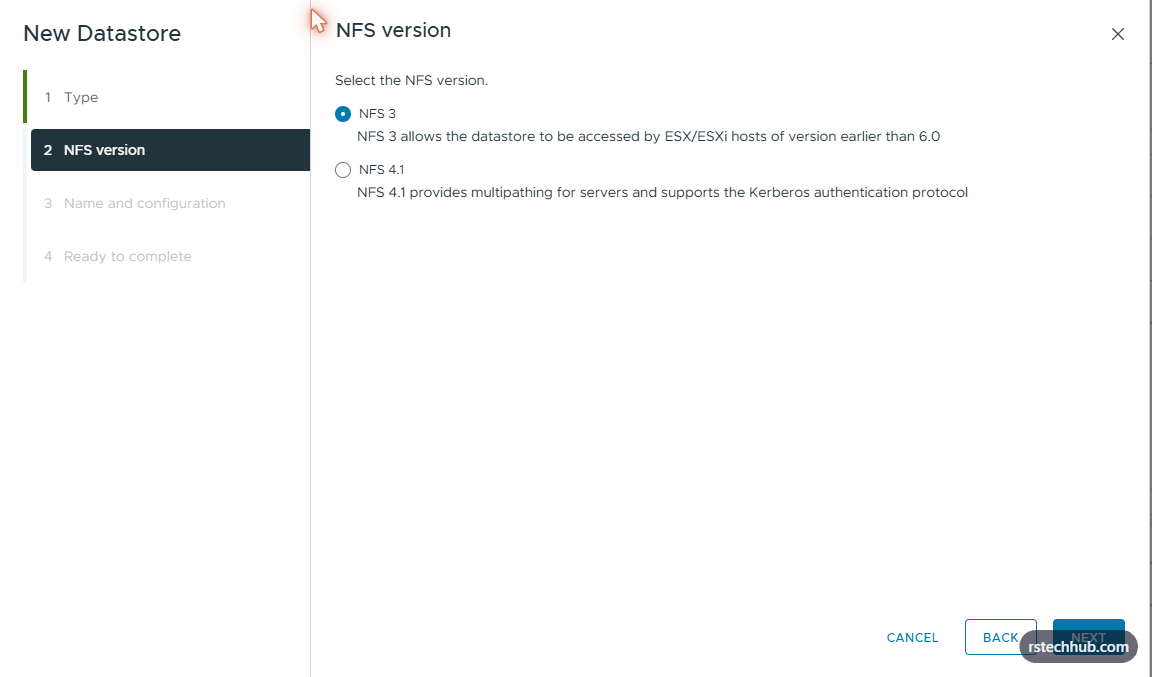 NFS version selection — NFS 3 default shown