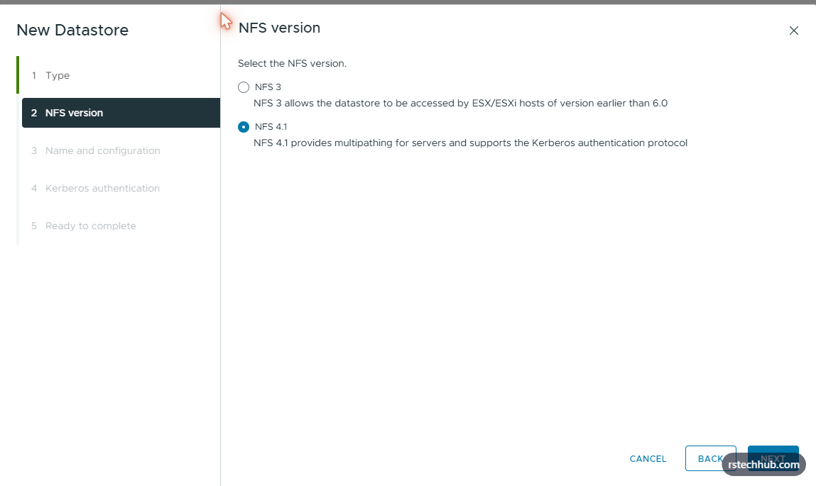 NFS 4.1 selected — multipathing support and better performance over NFS 3