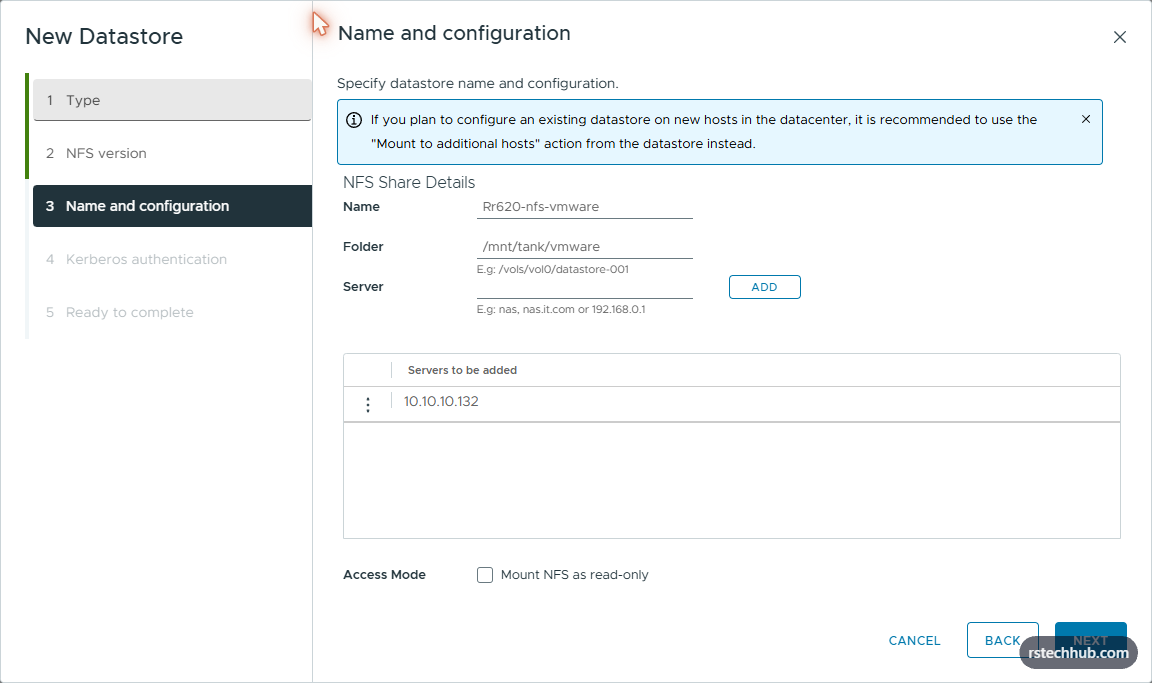 Name and configuration filled — server x.x.x.x added, folder /mnt/tank/vmware