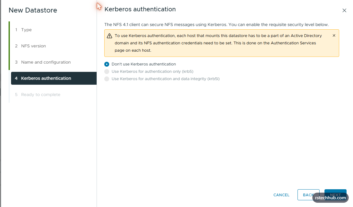 Kerberos authentication — disabled, no AD integration needed for lab NFS