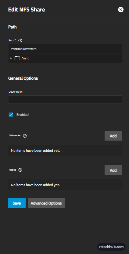 Edit NFS Share — path /mnt/tank/vmware, basic options