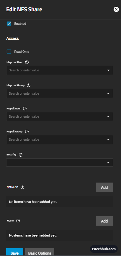 Advanced Options — Maproot User and Maproot Group fields visible