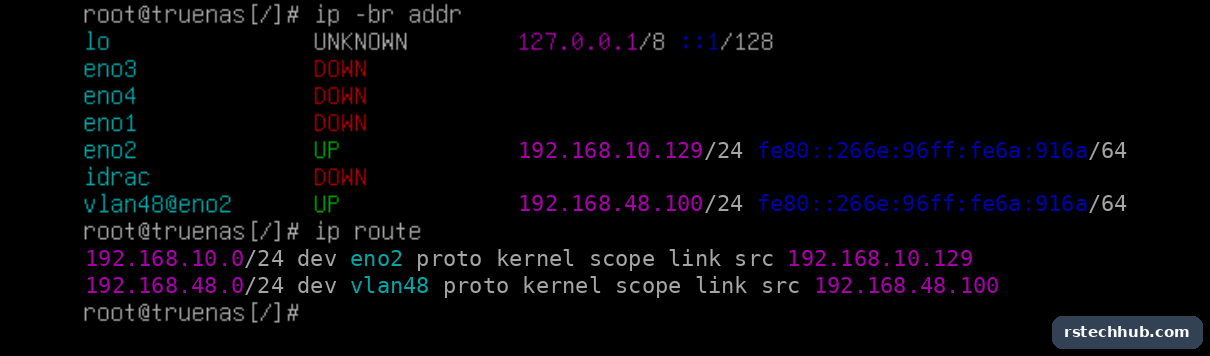 The iDRAC console after the commit: eno3 down, eno2 on DHCP, no default route