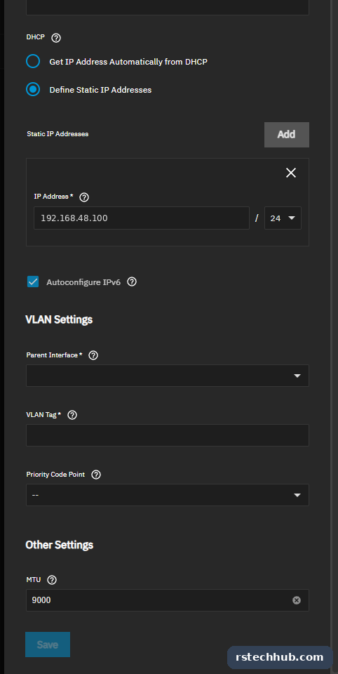 The vlan48 interface: parent eno2, tag 48, static IP, MTU 9000