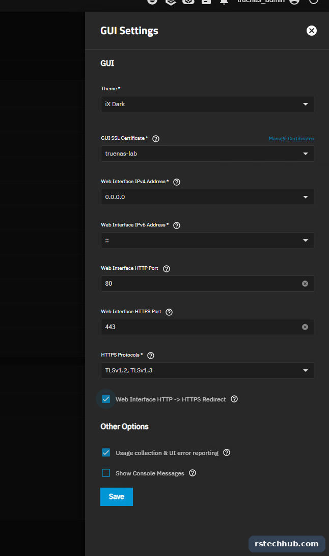 GUI settings: the lab CA certificate and HTTP to HTTPS redirect