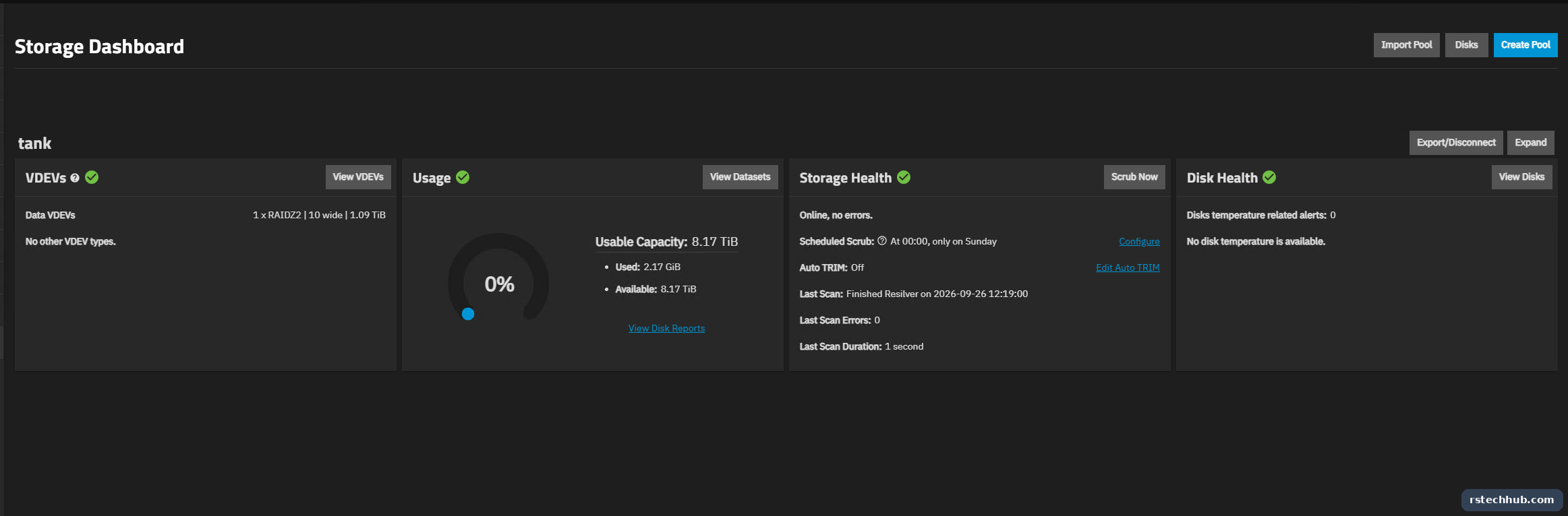 tank imported through the UI: RAIDZ2 across 10 disks, healthy
