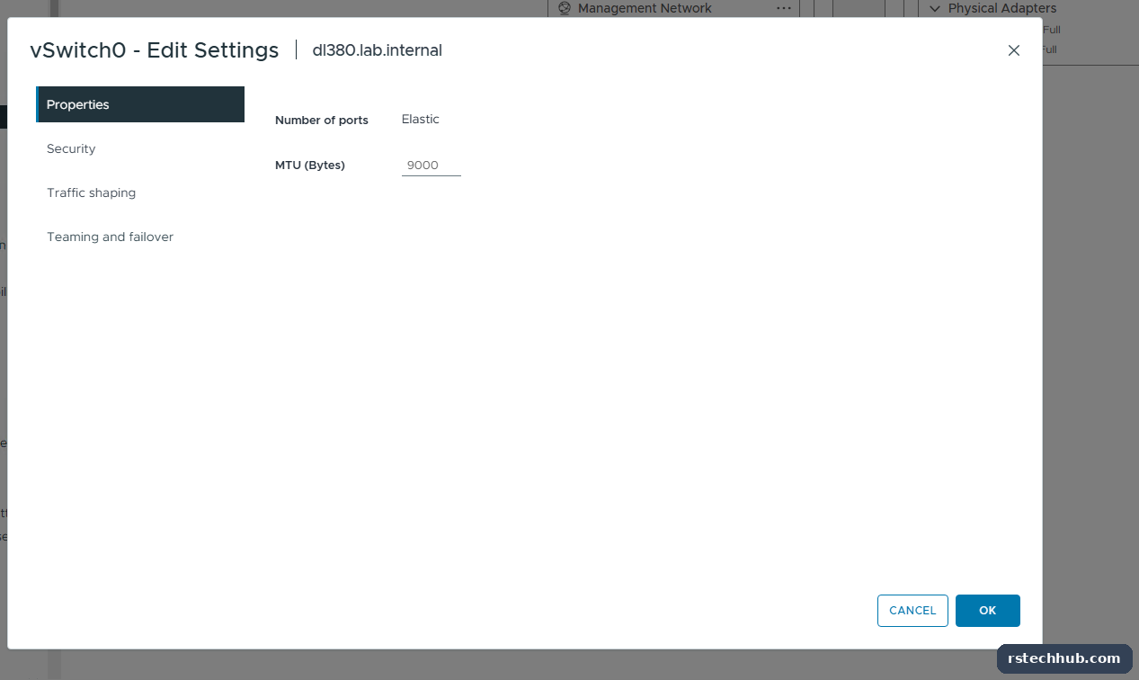 vSwitch0 on the management host was already at MTU 9000
