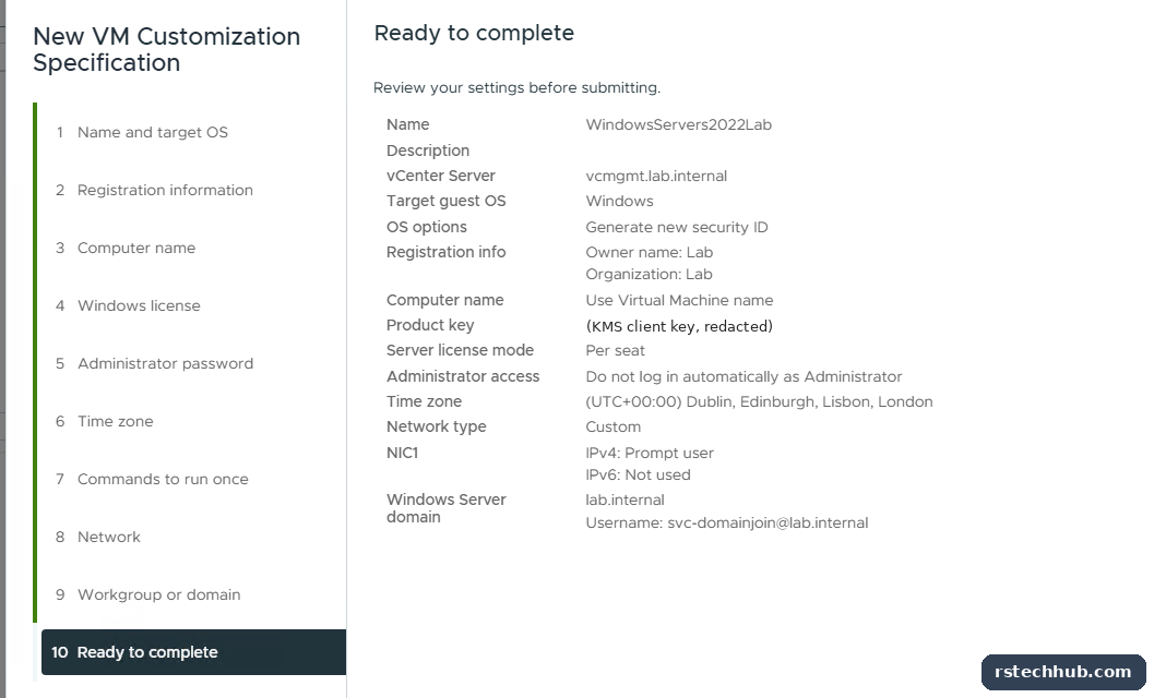 The finished spec: new SID, VM name as computer name, IP prompted per deploy, domain join