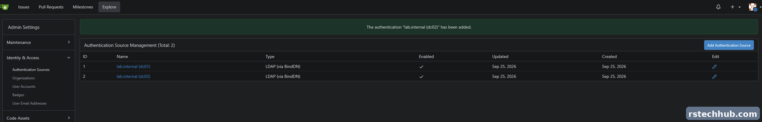 Gitea authentication sources for both domain controllers