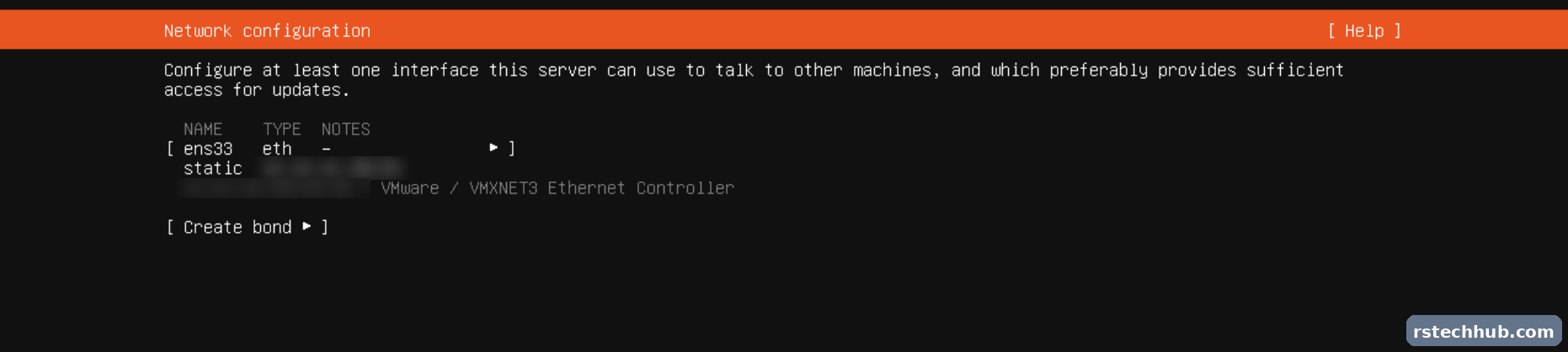 Ubuntu installer network screen with a static address