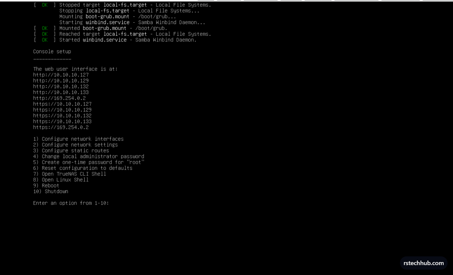 TrueNAS console — web UI addresses shown after first boot