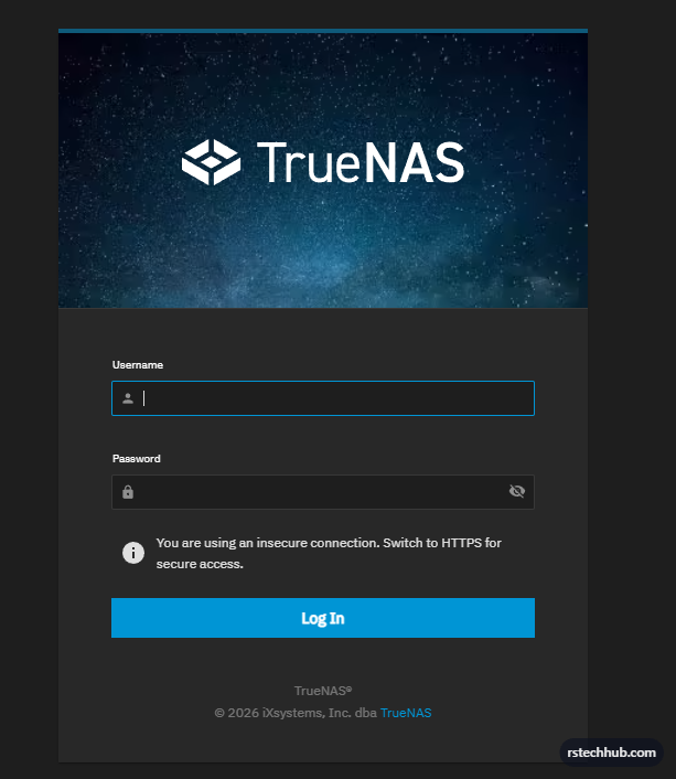 TrueNAS Scale web UI — accessed at https://x.x.x.x