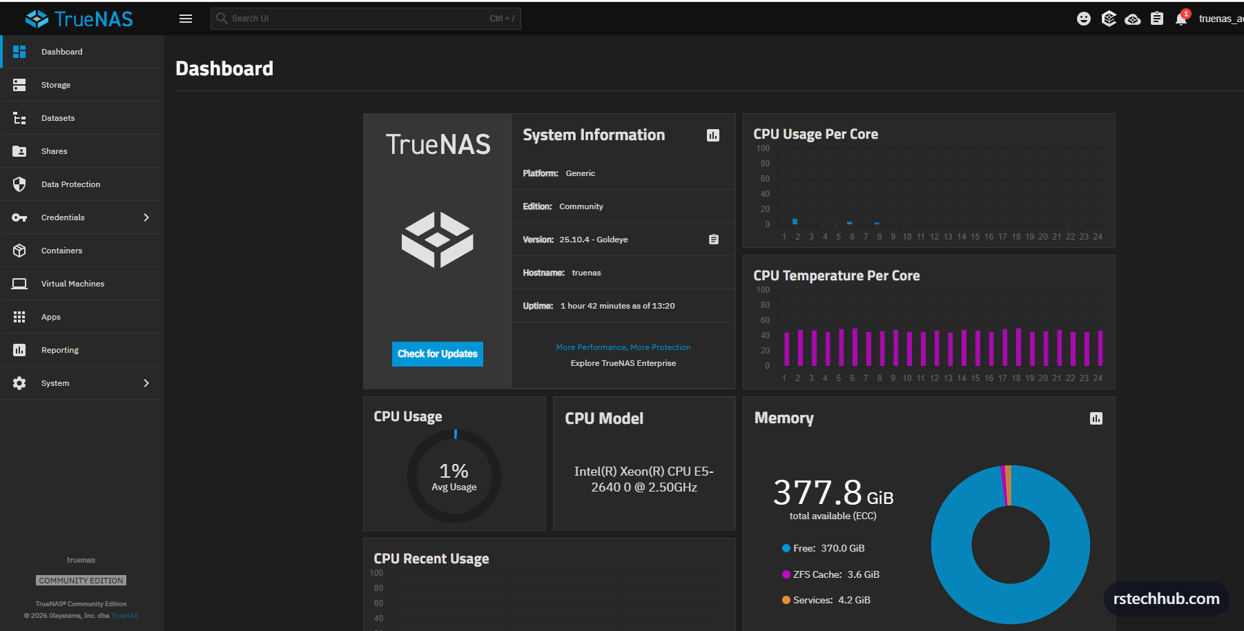 TrueNAS Scale 25.10.4 Goldeye — 377.8 GiB RAM, ZFS ARC already building